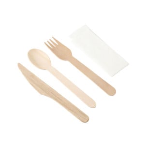 Kit de 4 Piezas - Cubiertos de Madera Dynasteel: Cuchillo, Tenedor, Cuchara Grande, Servilleta - Lote de 500