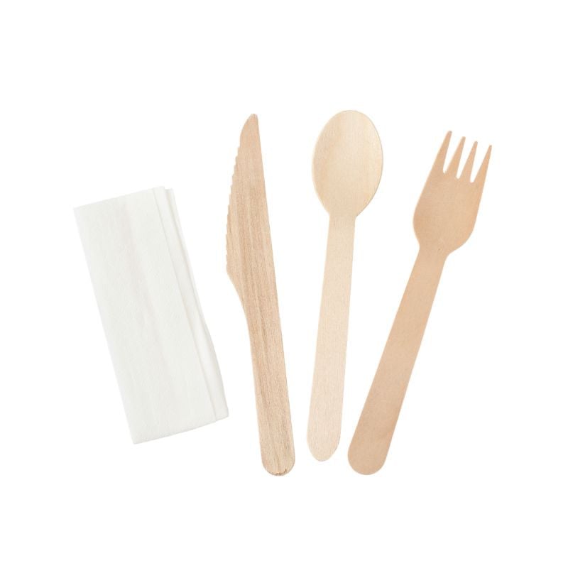 Kit de 4 Piezas - Cubiertos de Madera Dynasteel: Cuchillo, Tenedor, Cuchara Grande, Servilleta - Lote de 500