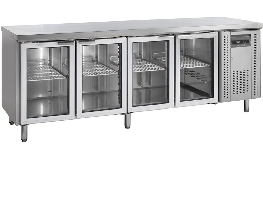 Mesa Refrigerada con Respaldo de Acero Inoxidable - 4 Puertas de Vidrio - GN 1/1