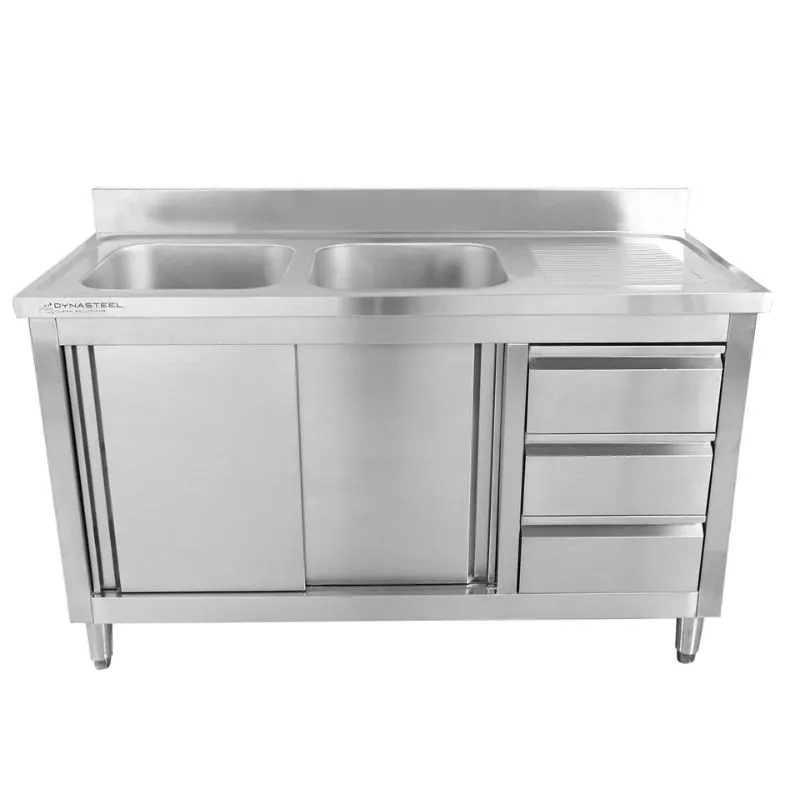 Mueble Fregadero 2 Cubetas con Salpicadero y 3 Cajones - 1400 x 600 mm - Cubeta a la Izquierda