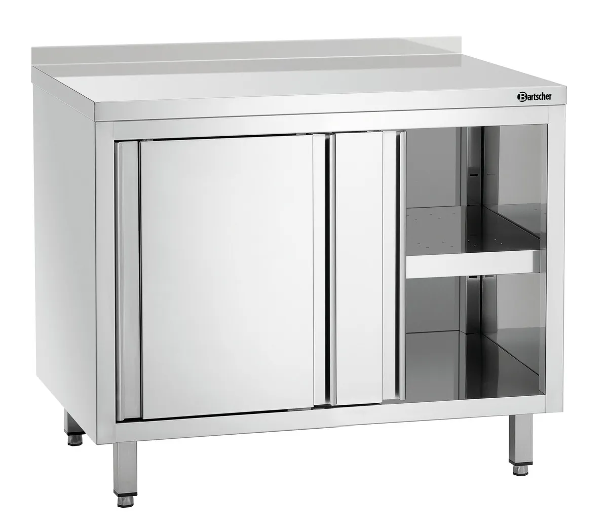 Mueble de acero inoxidable con puertas correderas, estante y respaldo - L 1000 mm