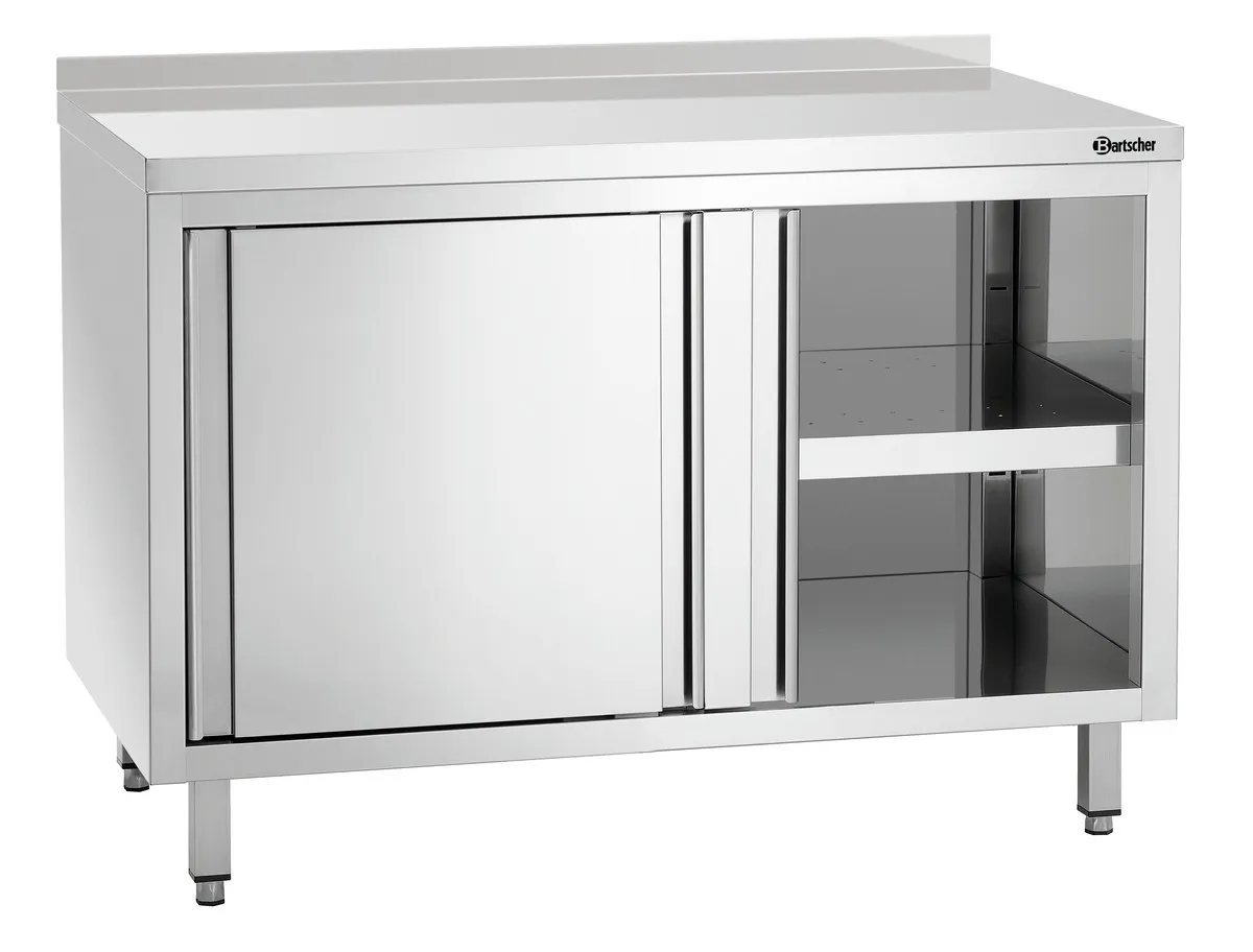 Mueble de acero inoxidable con puertas correderas, estante y respaldo - L 1200 mm