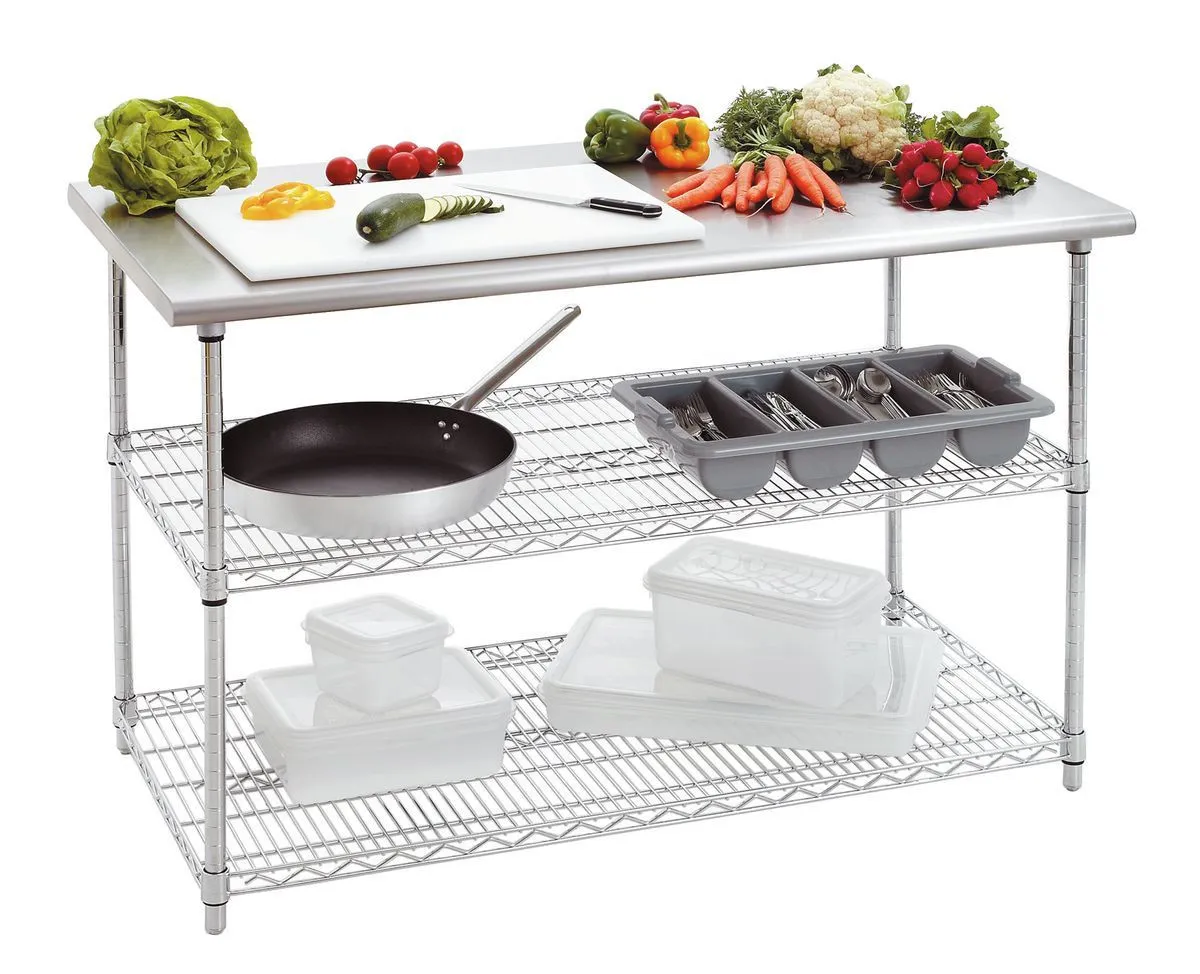 Mesa de acero inoxidable con 2 estantes bajos - L 1300 x P 690 mm