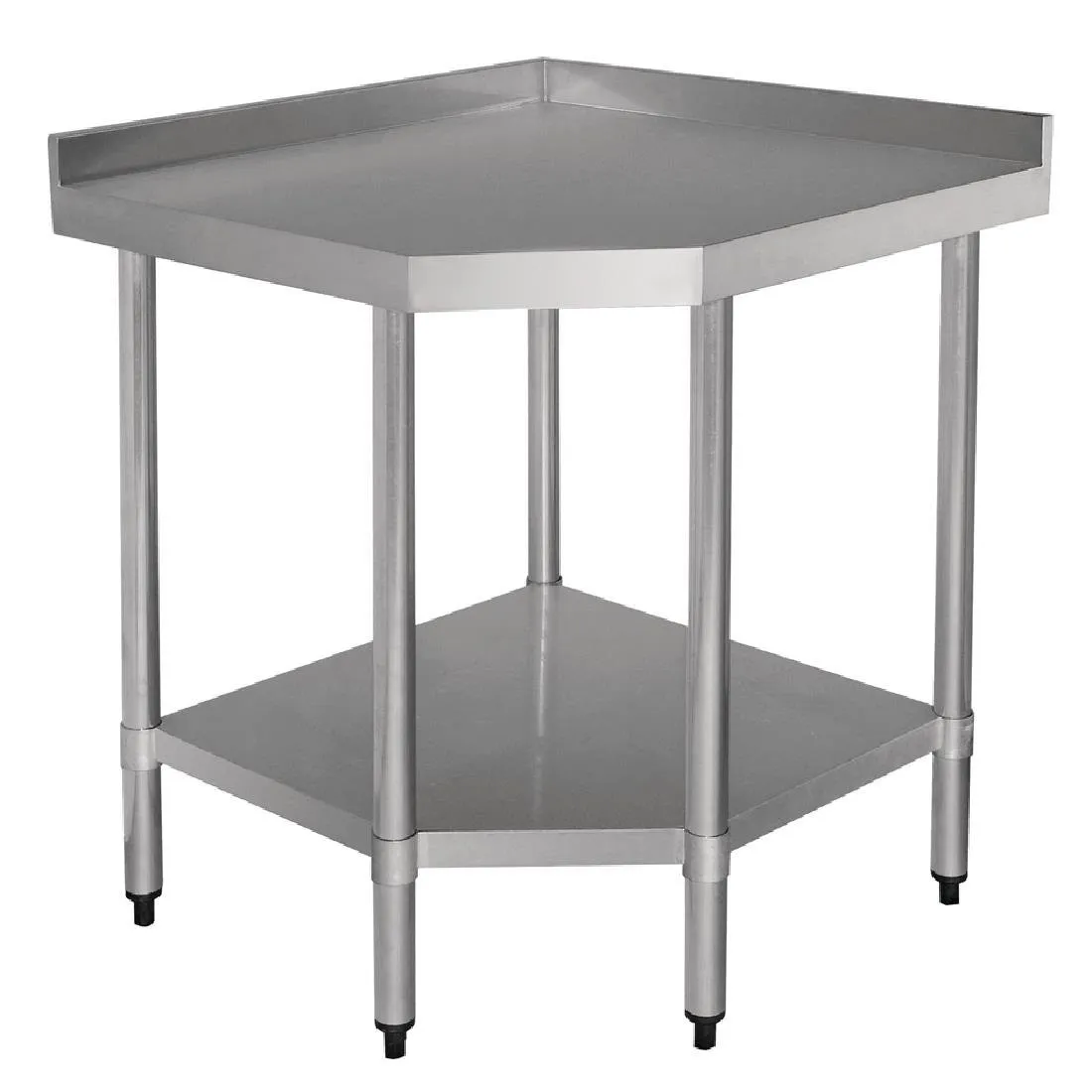 Mesa de esquina de acero inoxidable con respaldo y estante - L 900 x 700 mm