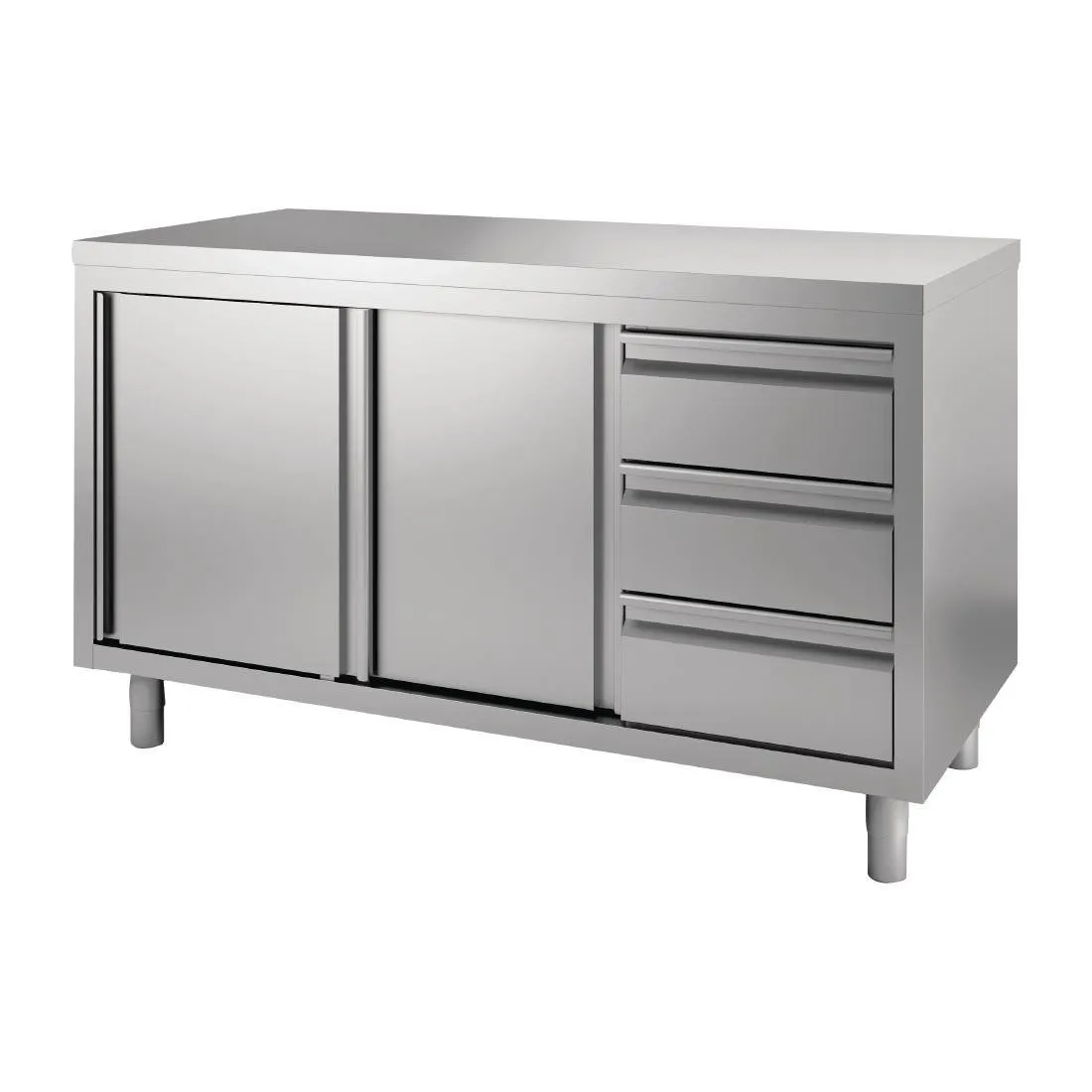 Mueble de acero inoxidable con puertas correderas y 3 cajones a la izquierda - L 1500 x P 700mm