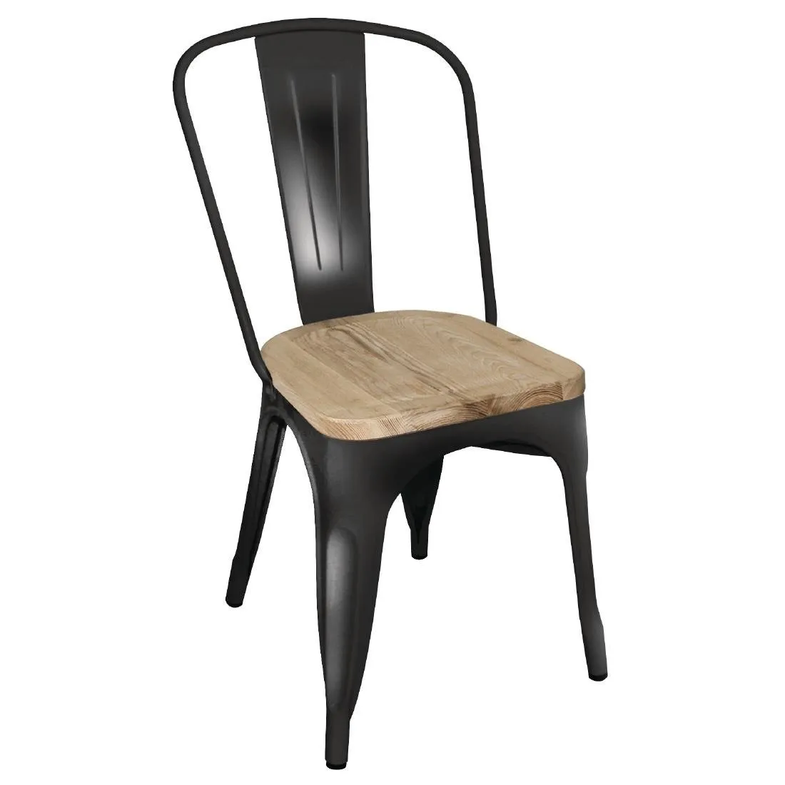 Silla de Acero Negro con Asiento de Madera - Lote de 4