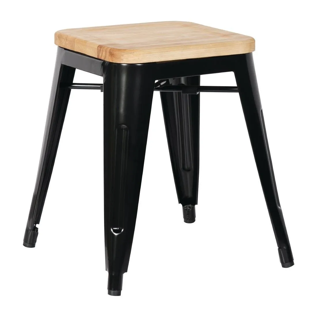 Taburetes Bistro Bajos de Acero Negro con Asiento de Madera - Lote de 4