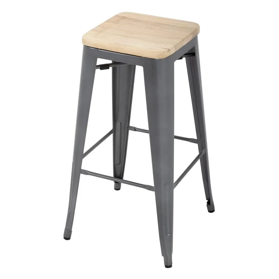 Taburete Bistro Alto de Acero Gris con Asiento de Madera - Lote de 4