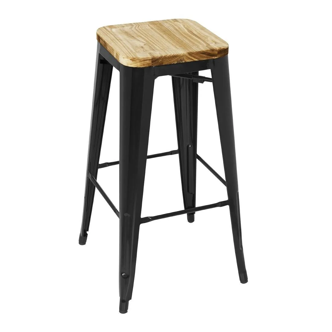 Taburete Bistro Alto de Acero Negro con Asiento de Madera - Lote de 4