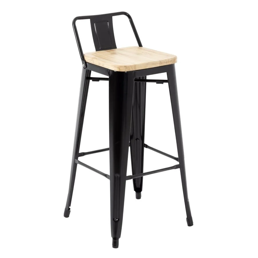 Taburetes Altos con Respaldo y Asiento de Madera – Negros - Lote de 4