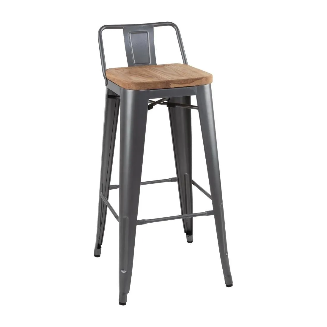 Taburetes Altos con Respaldo y Asiento de Madera - Gris Metalizado - Lote de 4