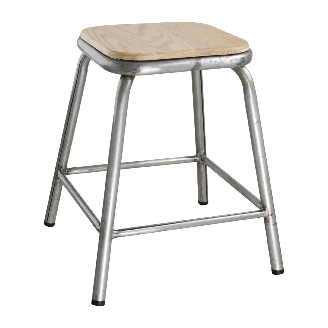 Taburete bajo de acero galvanizado con asiento de madera Cantina - Juego de 4