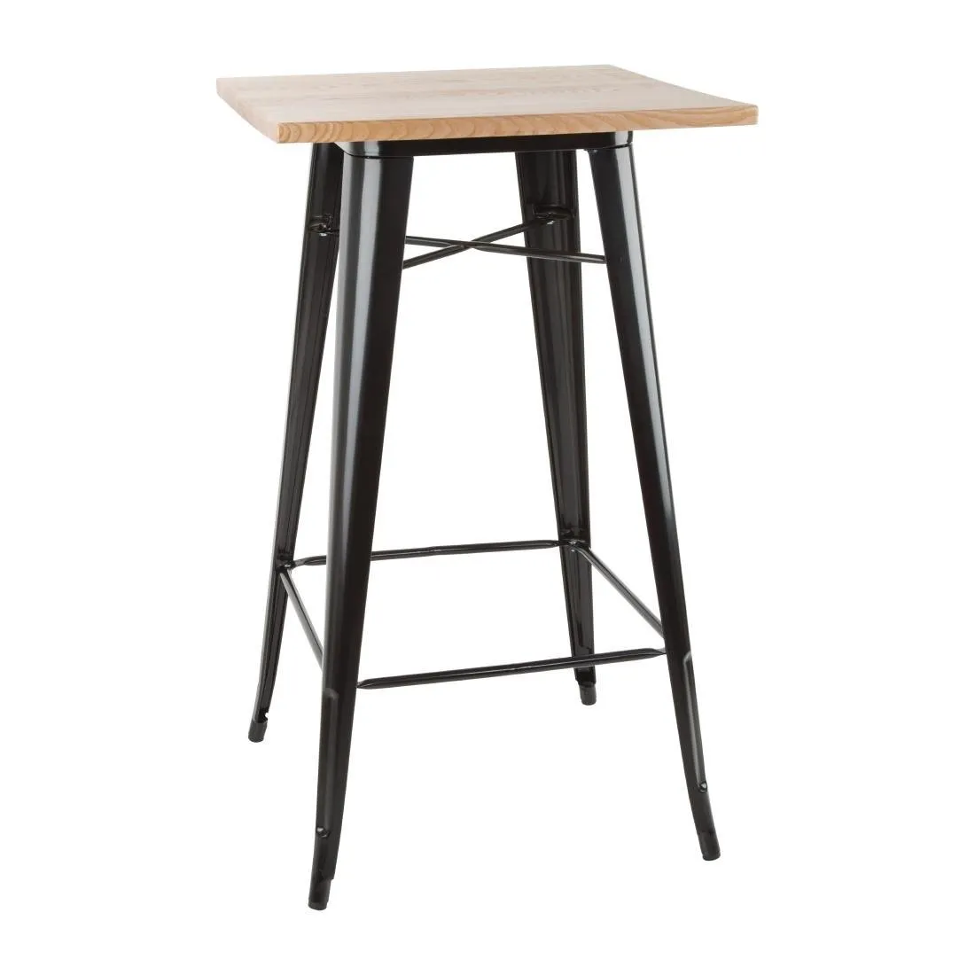 Mesa de bar negra con tablero de madera