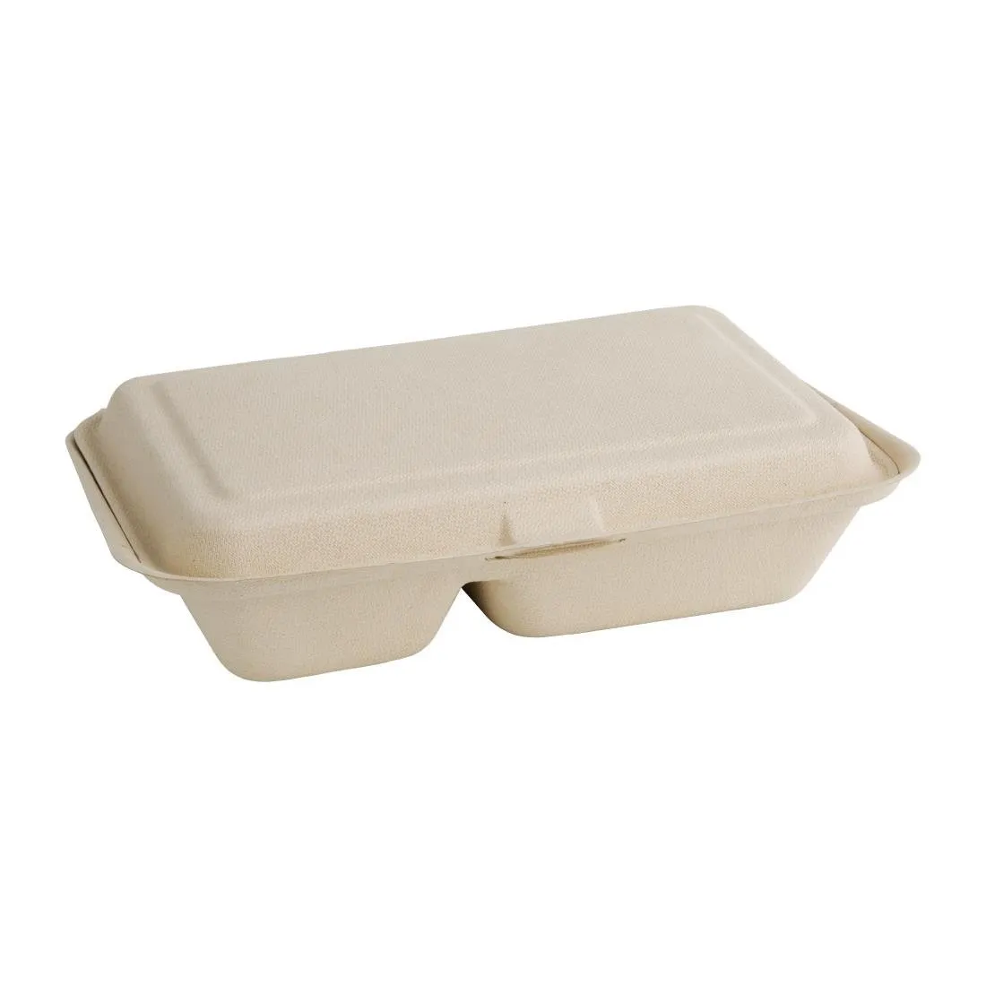 Cajas de 2 compartimentos con tapa abatible compostables de bagazo natural de 253 mm - Paquete de 200
