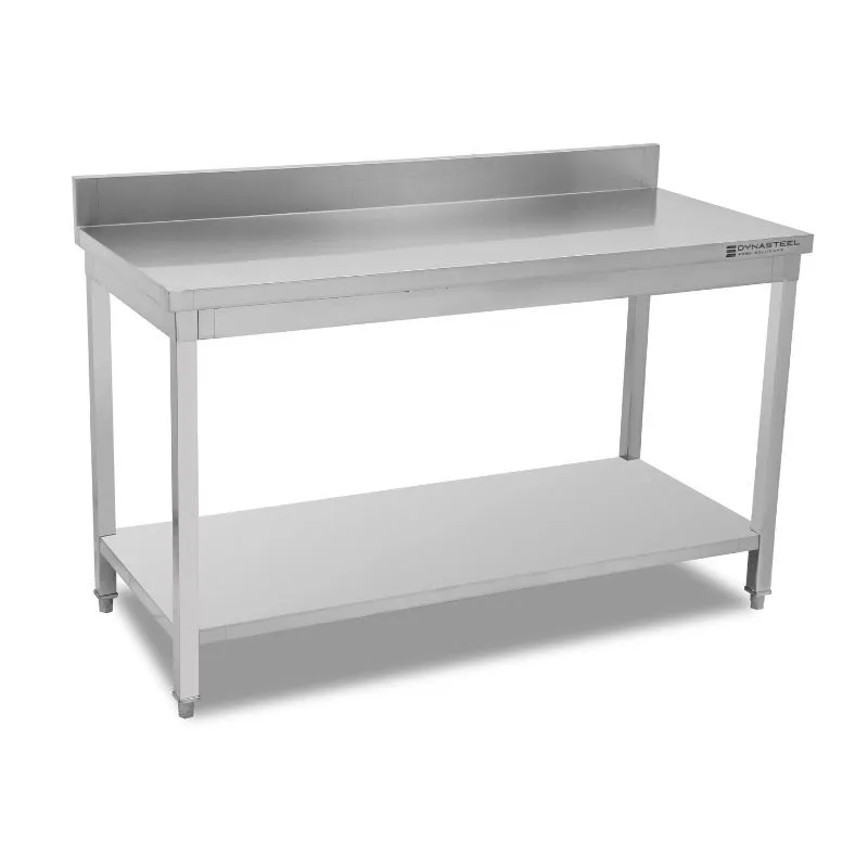 Mesa de Acero Inoxidable Profesional 1400 x 600 mm con Respaldo y Estante Inferior, Altura 950 mm, AISI 201