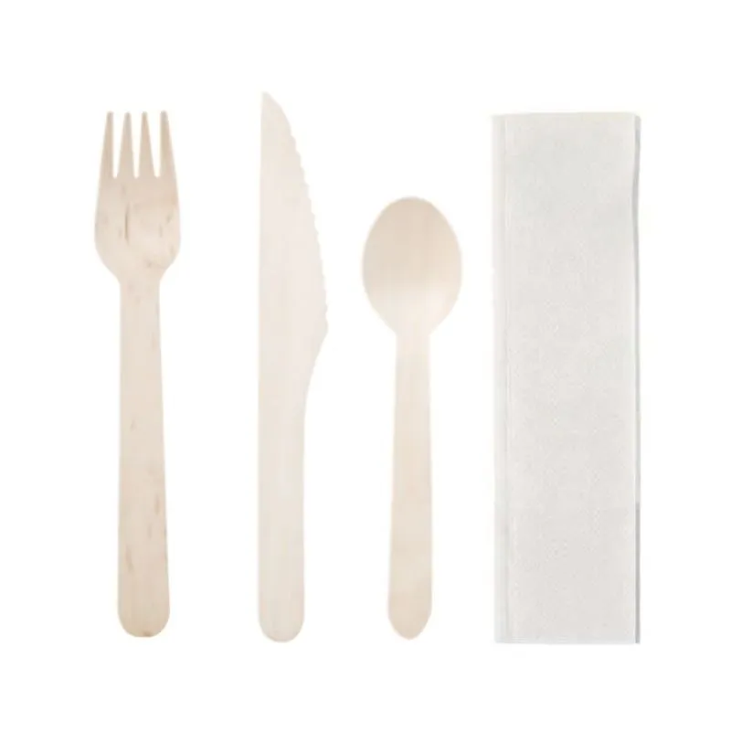 Cubiertos de abedul - Juego de 4 piezas: cuchillo, tenedor, cuchara, servilleta - Lote de 250