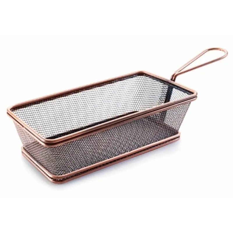 Cesta rectangular de acero inoxidable con asa de bronce - 21 x 11 cm