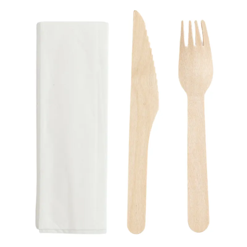 Set de Cubiertos de Madera 3 Piezas: Cuchillo, Tenedor, Servilleta - Lote de 250
