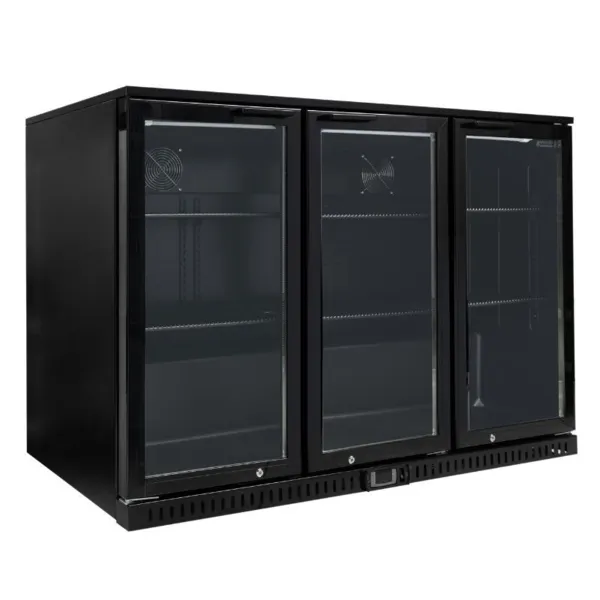 Bar Trasero Refrigerado 328 L 3 Puertas de Vidrio Batientes, +2/+8 °C, Skinplate Negro, R290, Frío Positivo para Bar & CHR
