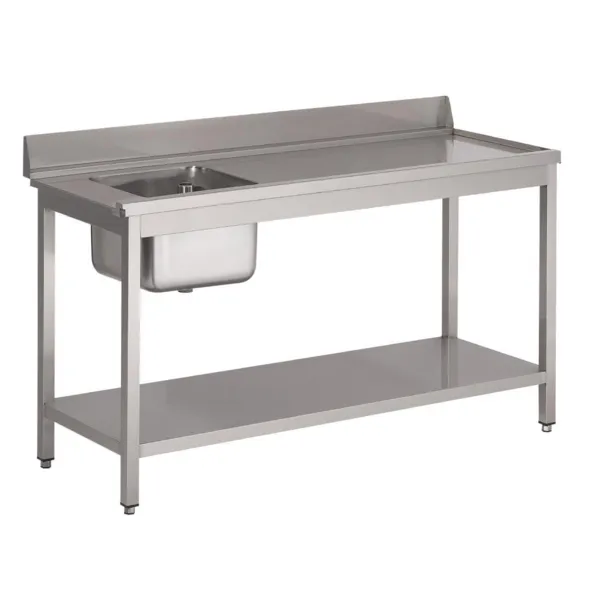 Mesa de entrada para lavavajillas de acero inoxidable con fregadero a la izquierda, respaldo y estante inferior - L 1400 x P 700