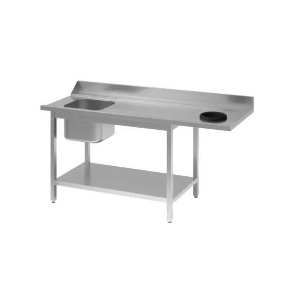 Mesa de entrada para lavavajillas de acero inoxidable con cubeta a la izquierda, respaldo y estante inferior - L 1400 x P 700mm