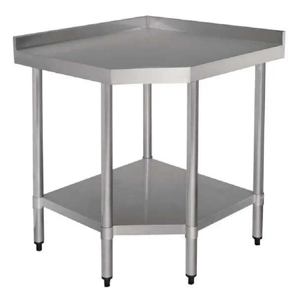 Mesa de esquina de acero inoxidable con respaldo y estante - L 900 x 700 mm