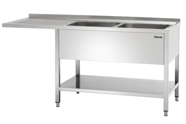 Fregadero de 2 Cubetas con Paso Lavavajillas, Respaldo y Estante Inferior - L 1800 x P 700 mm