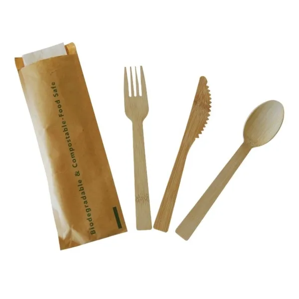 Couverts en Bambou - Kit 4 Pièces : Couteau, Fourchette, Cuillère, Serviette - Lot de 200